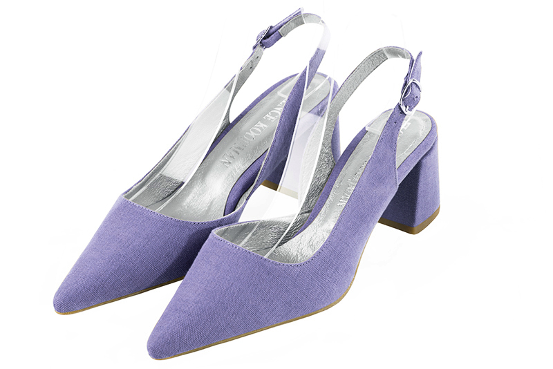 Lavender purple women's slingback shoes. Pointed toe. Medium flare heels. Front view - Florence KOOIJMAN